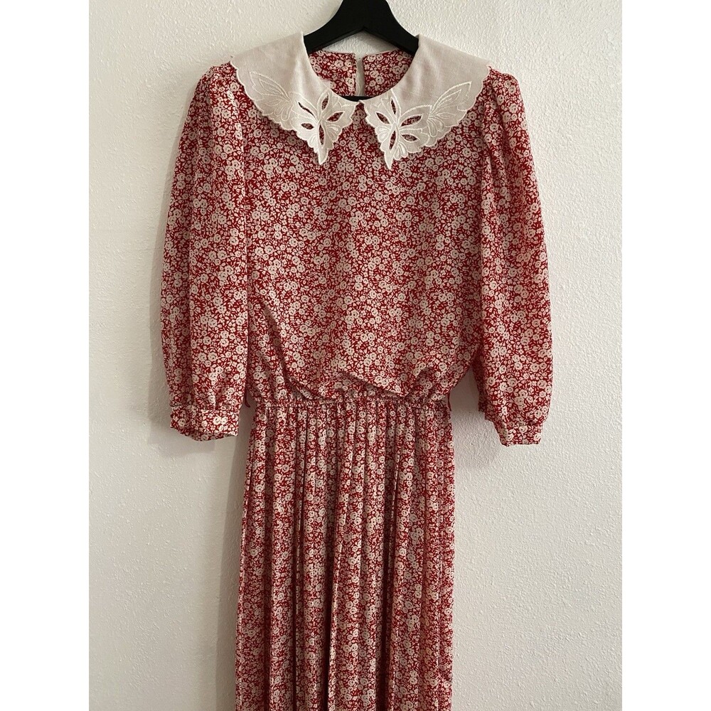 AF11 Women's Sz 12 (Fits M) Red Floral Dress, Elastic Waist Big White Collar H9